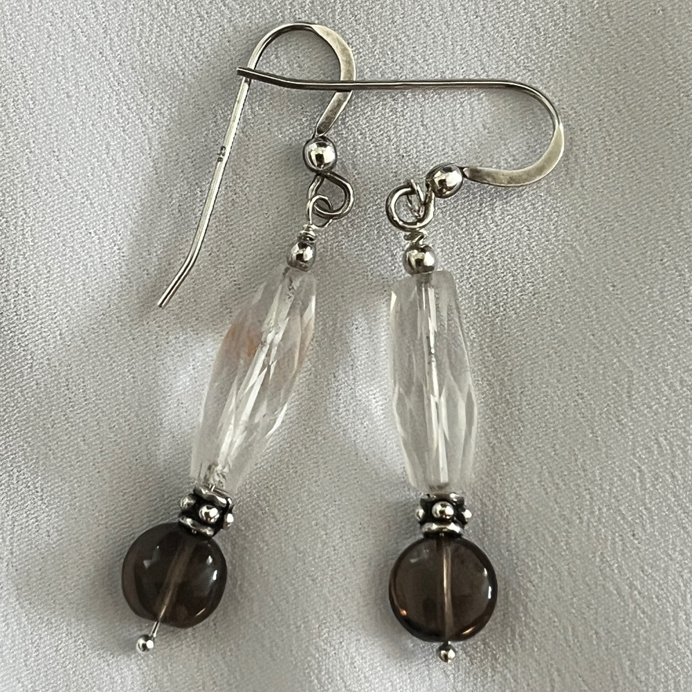 Drop Earrings: Faceted Quartz Crystals, Smokey Quartz and Sterling silver.